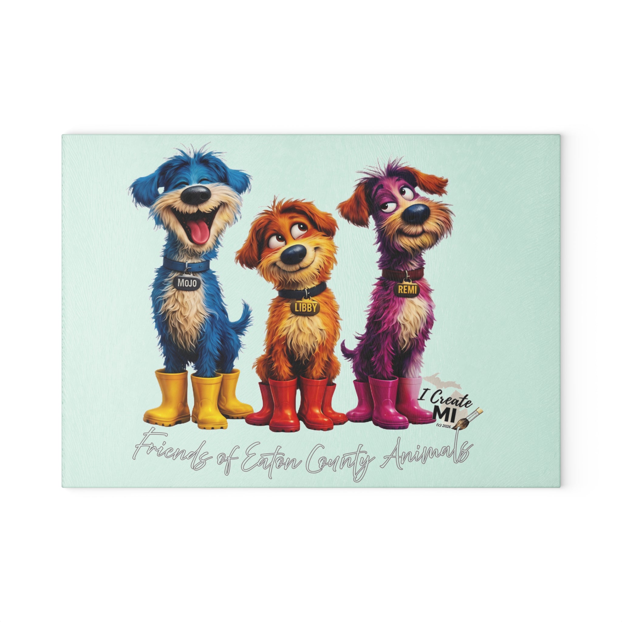 Lucky Dogs Glass Cutting Board – 'Friends of Eastern County Animals' Kitchen Decor