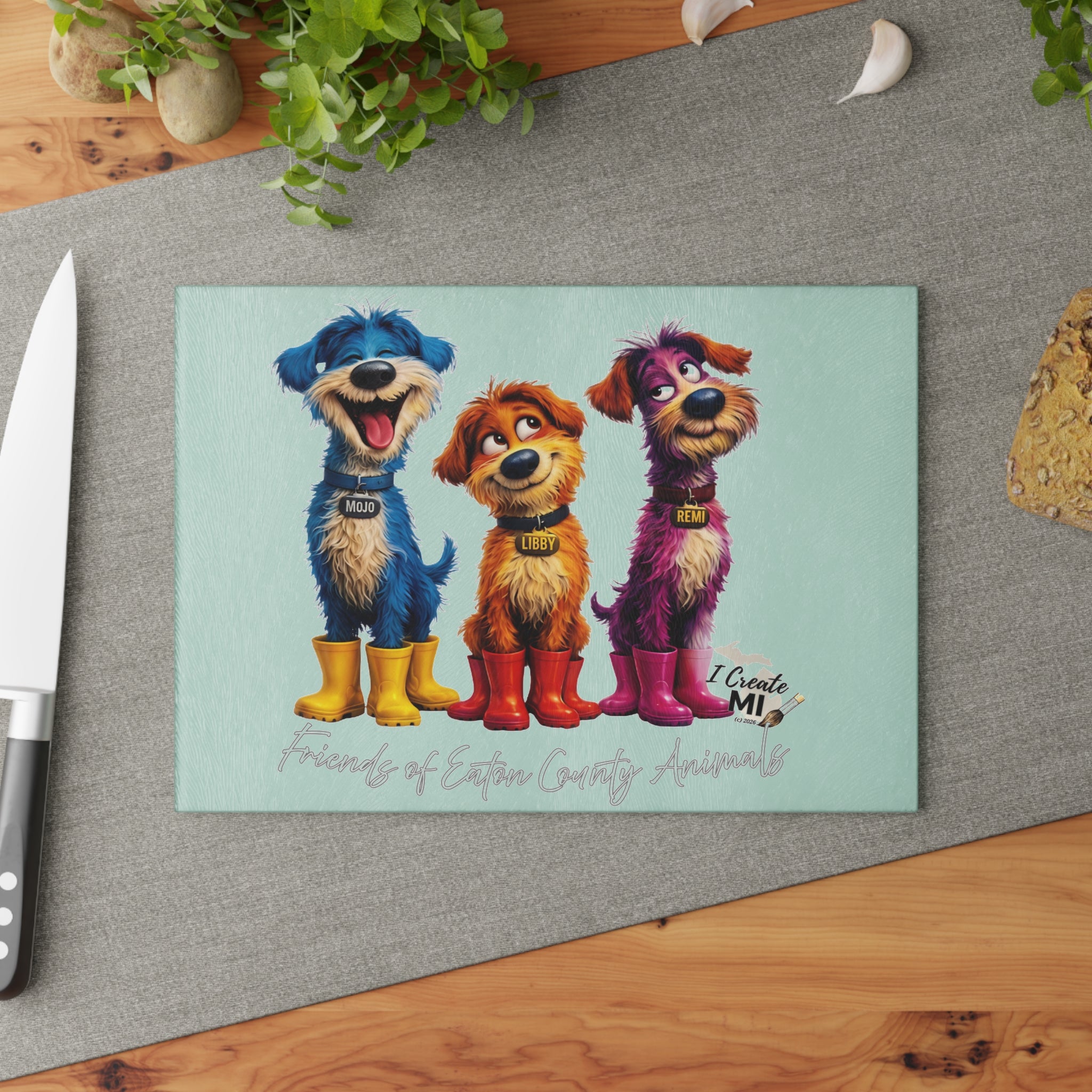 Lucky Dogs Glass Cutting Board – 'Friends of Eastern County Animals' Kitchen Decor