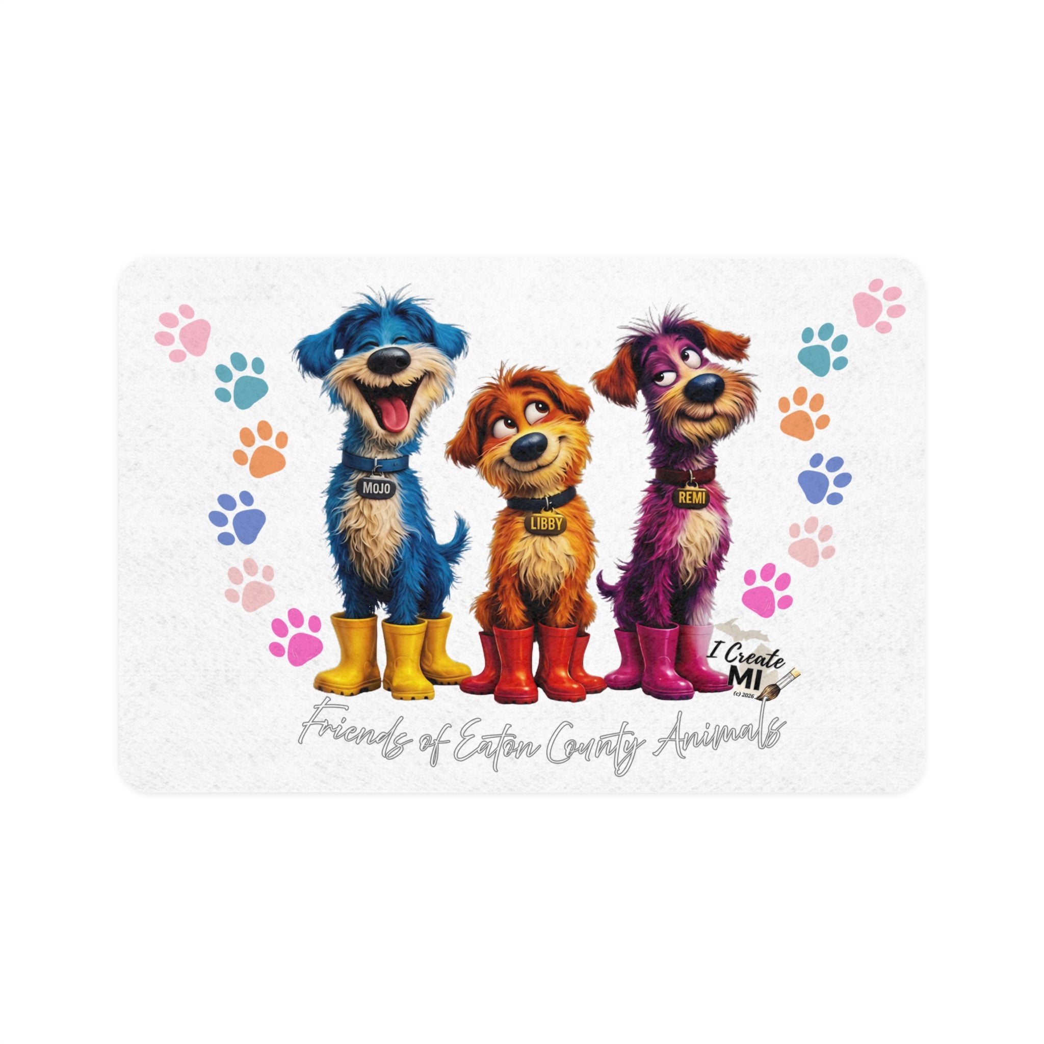 Dog Friends Pet Food Mat (12x18) — Colorful Paw Print Feeding Mat