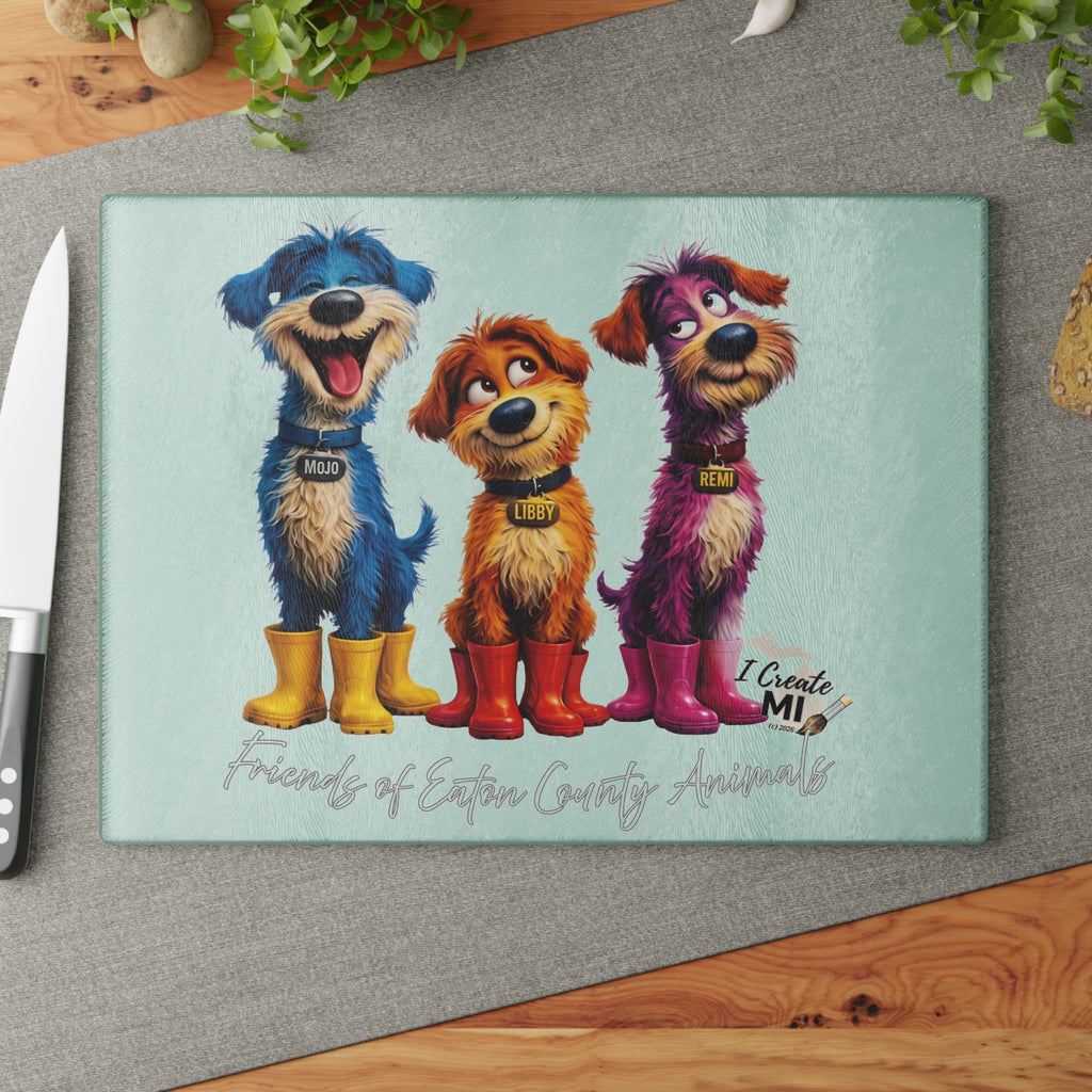 Lucky Dogs Glass Cutting Board – 'Friends of Eastern County Animals' Kitchen Decor